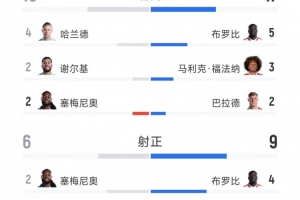 曼城5-3力克桑德兰技术统计：射门16-17，射正6-9，绝佳机会3-6